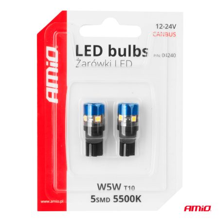 AMiO LED, 2 tk T10 W5W 5SMD 12/24 V CANbus valge | HL Autoosad