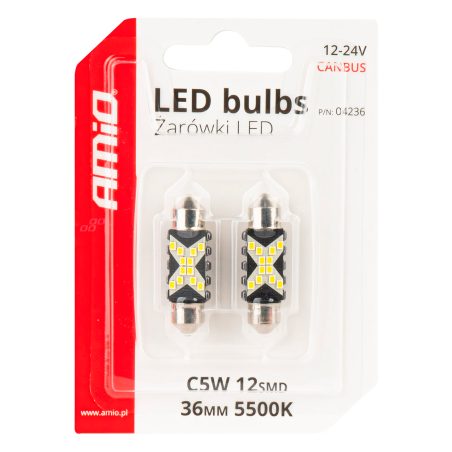 AMiO LED pirnid, 2 tk 12SMD C5W 2016 36 mm 12/24 | HL Autoosad