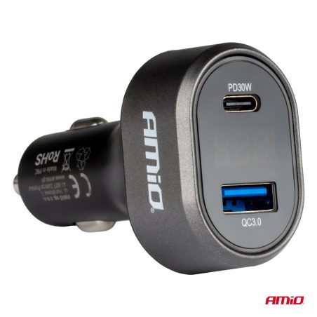 AMiO USB-kiirlaadija USB-A ja USB-C, voltmeetriga, 48 | HL Autoosad