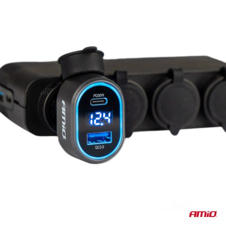 AMiO USB-kiirlaadija USB-A ja USB-C, voltmeetriga, 48 | HL Autoosad