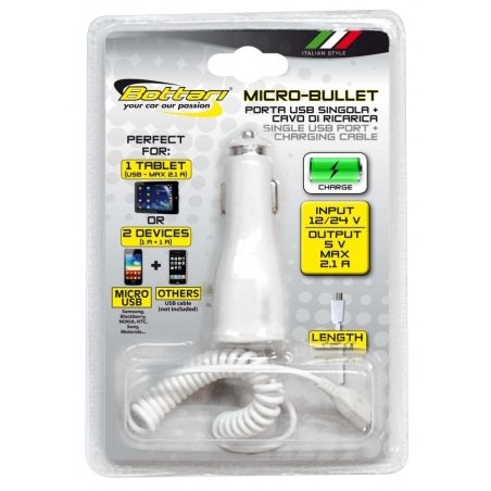 Bottari Micro USB autolaadija "Micro Bullet", 2,1 A | HL Autoosad